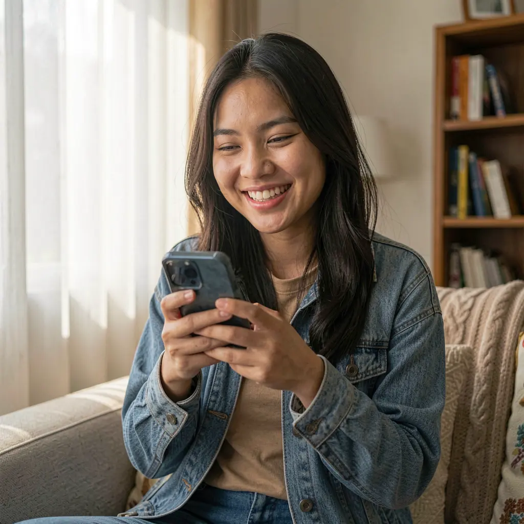 Happy Filipino woman using the BCJL mobile casino app on her phone enjoying smooth gameplay and modern design
