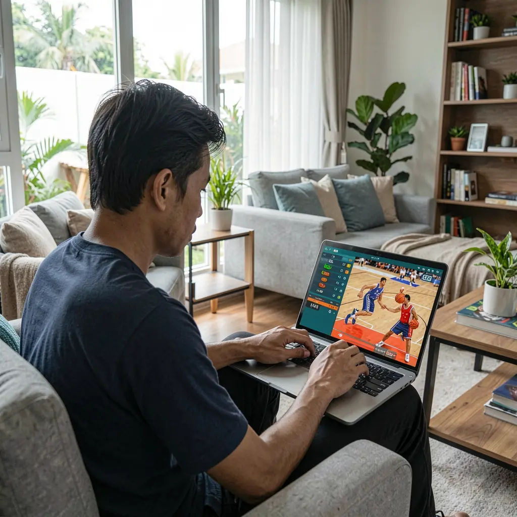 Focused Filipino player reviewing live basketball odds and match statistics on the BCJL betting platform during an intense game moment
