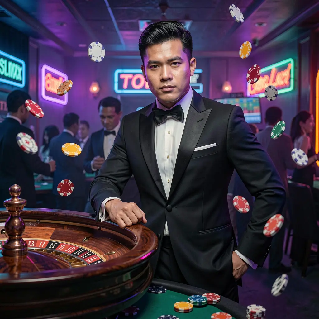 Professional BCJL casino dealer in a black tuxedo standing at a roulette table surrounded by vibrant lights and floating chips representing the premium live casino experience in the Philippines