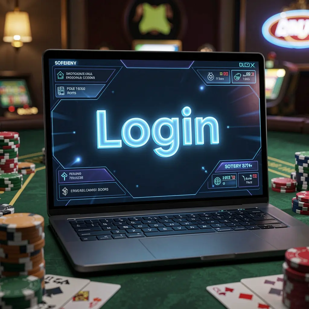 Close up of a laptop with a glowing login button and blurred casino chips in the background representing secure BCJL account access for players in the Philippines