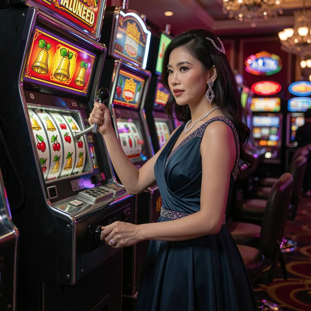Elegant Filipino woman in a luxurious evening dress playing a glowing slot machine in a vibrant casino atmosphere at BCJL Slots Philippines